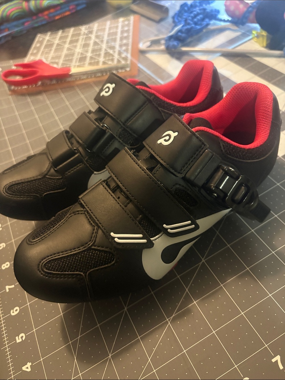 Peloton Black Cycling Shoes with Red Interior and White Accents